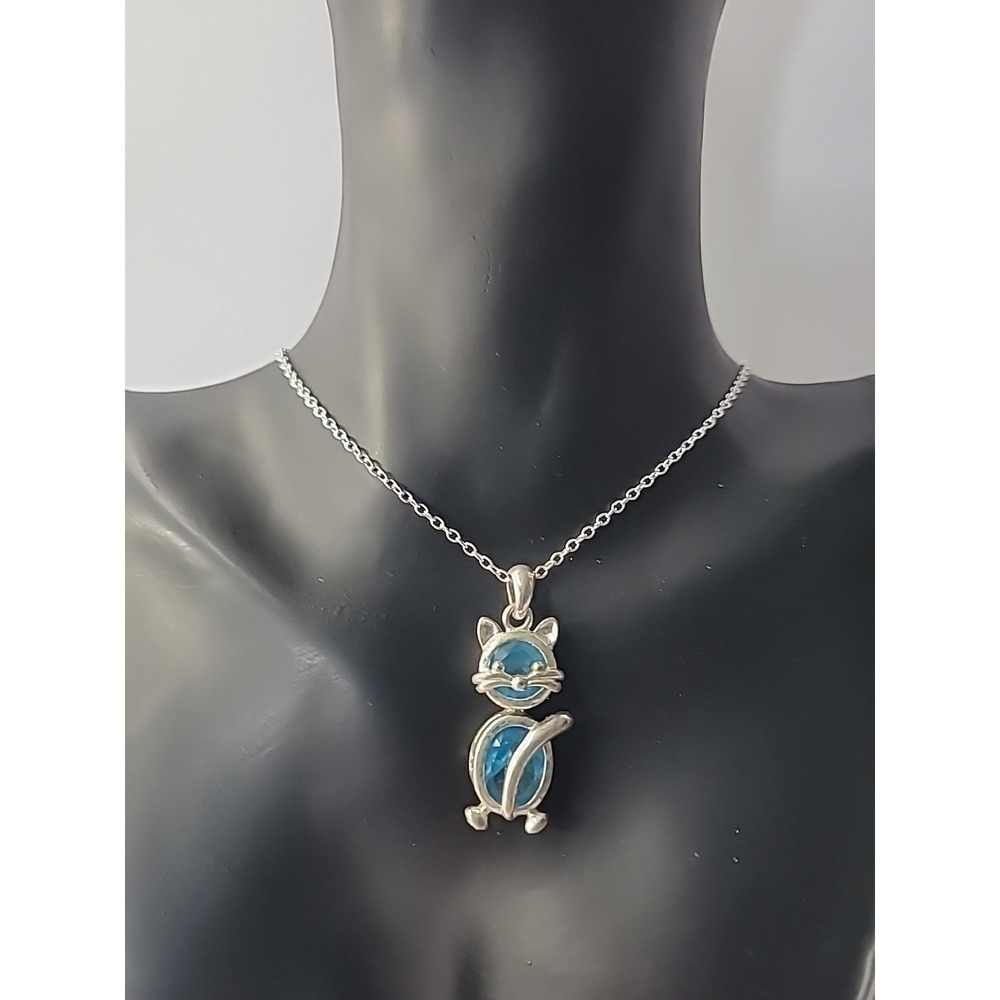 Vintage Necklace Pendant Kitty Cat Silver Tone Blue Crystals‎ Jewelry Costume